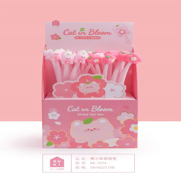 Promotional New Design 0.5mm Hot Selling Gel pens with Custom Logo Fancy Sakura Meow Shaker Flower Pens Stationery