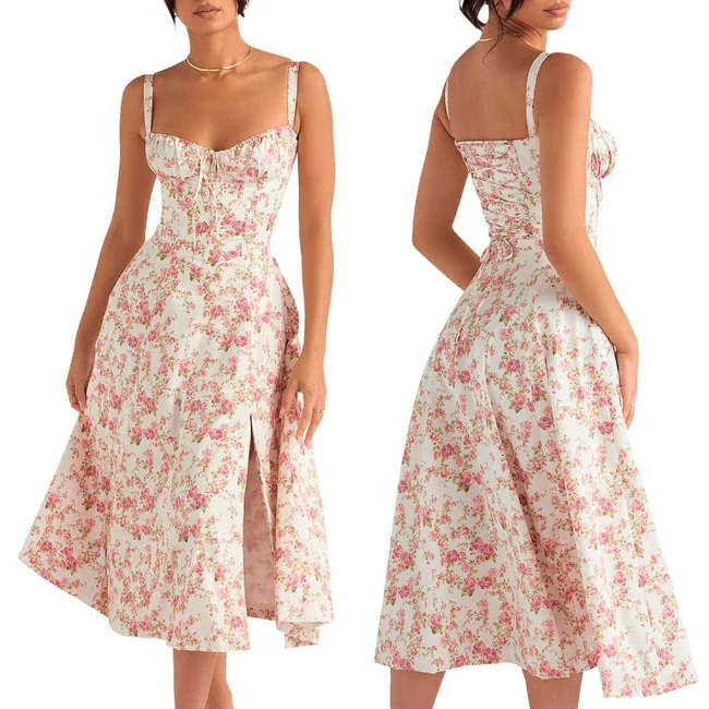 Custom House of cb Summer Casual Sleeveless Floral Printed Lace Up Back Cami Midi Dress For Women