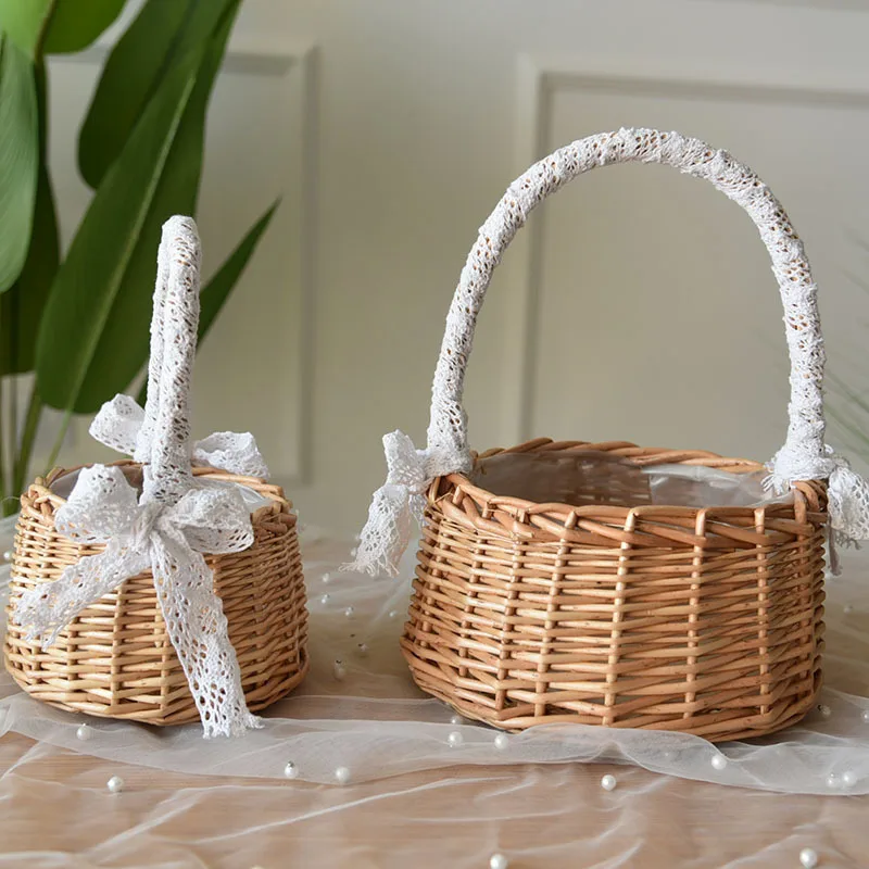 Lace Rattan Wedding Flower Girl Baskets Willow Handwoven Picnic Basket With Handle