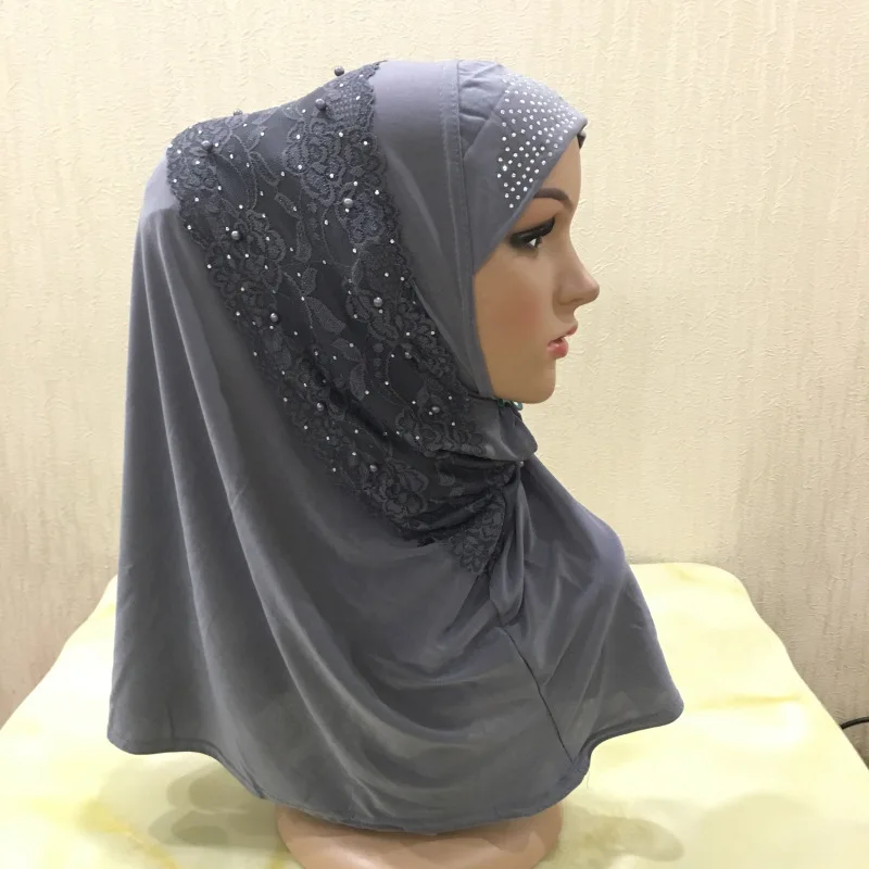 Wholesale Custom Polyester Thin Section Muslim Multicolor Lace Applique Hot Drilling Instant Hijab For Women