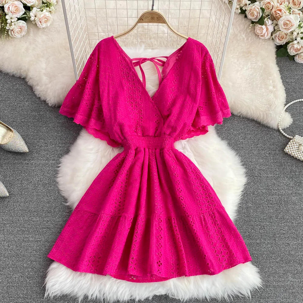 Boutique Wholesale 2023 Summer and Korean Fashion Hollowed-out Deep V-neck Waist Show Thin Ruffle Sleeve A-line Dress