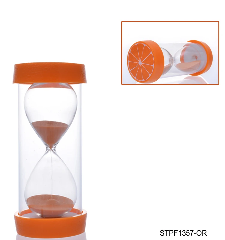 Plastic frame hourglass sand timer 15 mins glass sand timer with cute fruit photo on top and bottom