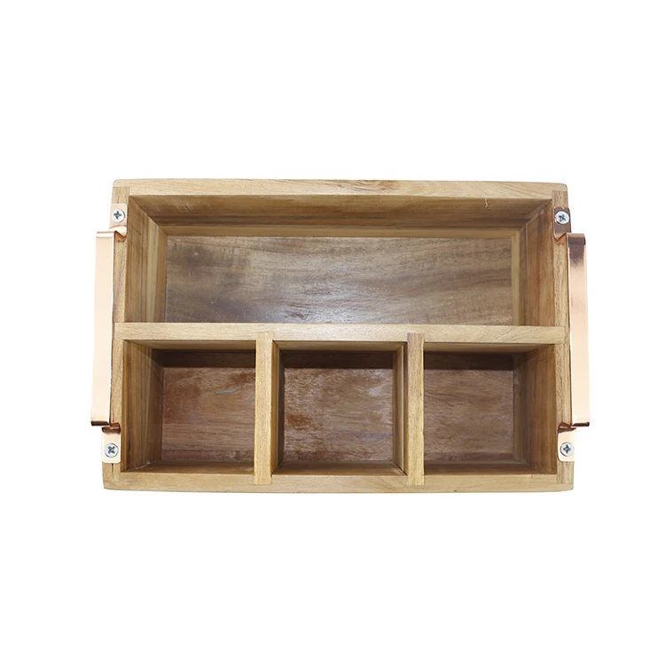 Customized Logo Acacia Wooden Compartment Wine Bottle Holder with Metal Handle