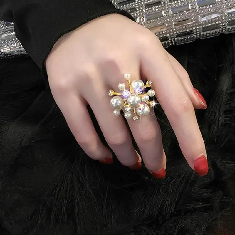 Hot Sale Korean New Fireworks Pearl Rhinestone Ring Opening Ring  for Women Wholesale
