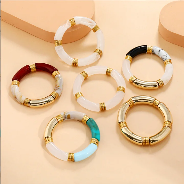 2022 newest fashion women jewelry charm bracelet acrylic tube bracelet resin bamboo gold ball Bracelet for girls