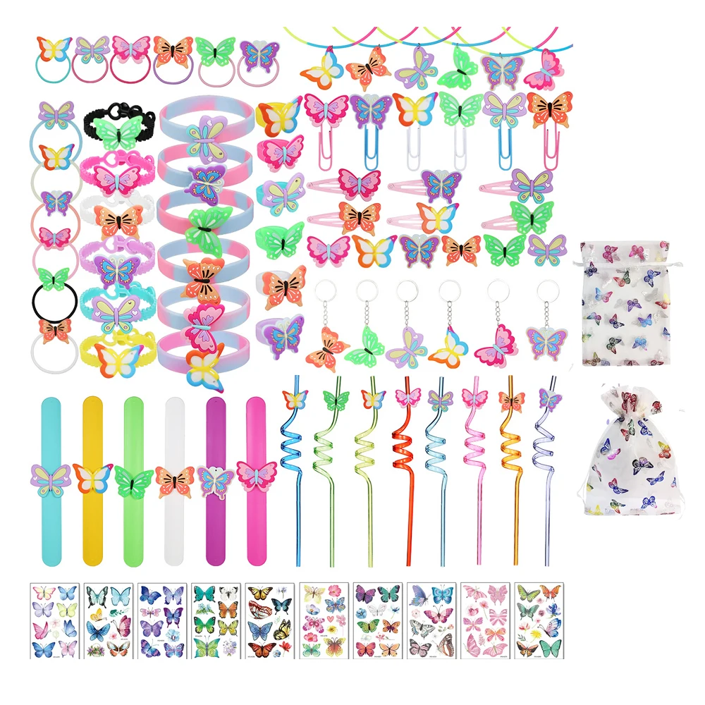 PAFU Butterfly Birthday Party Favor Butterfly Necklace Bracelet Tattoo Sticker Hair Clip Ring Organza Bags Pinata Filler