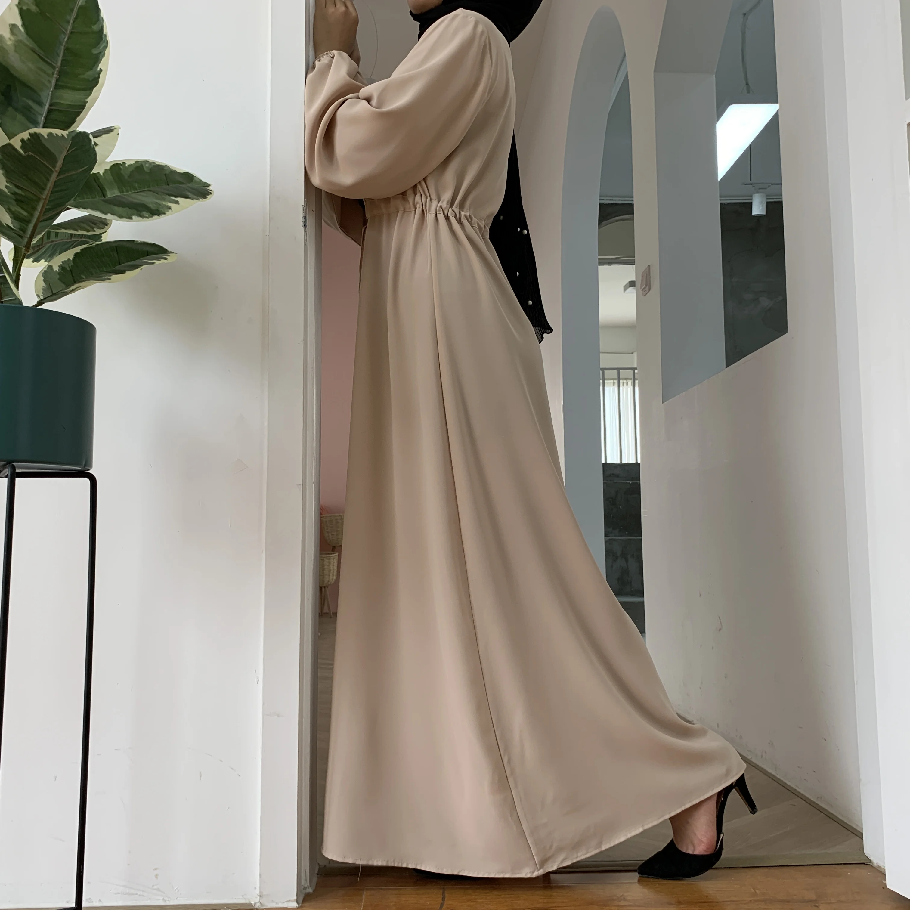 
Muslim Lapel Solid Color Full Button Slim Dress Long Skirt 