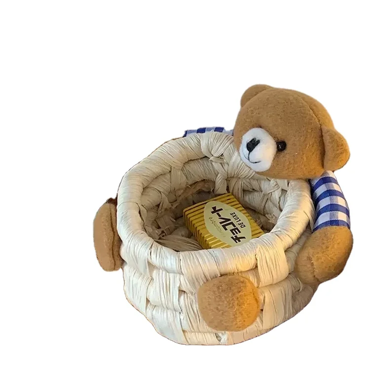 Hot selling creative Korea ins style cute cartoon bear storage basket desktop office grass woven sundry storage basket