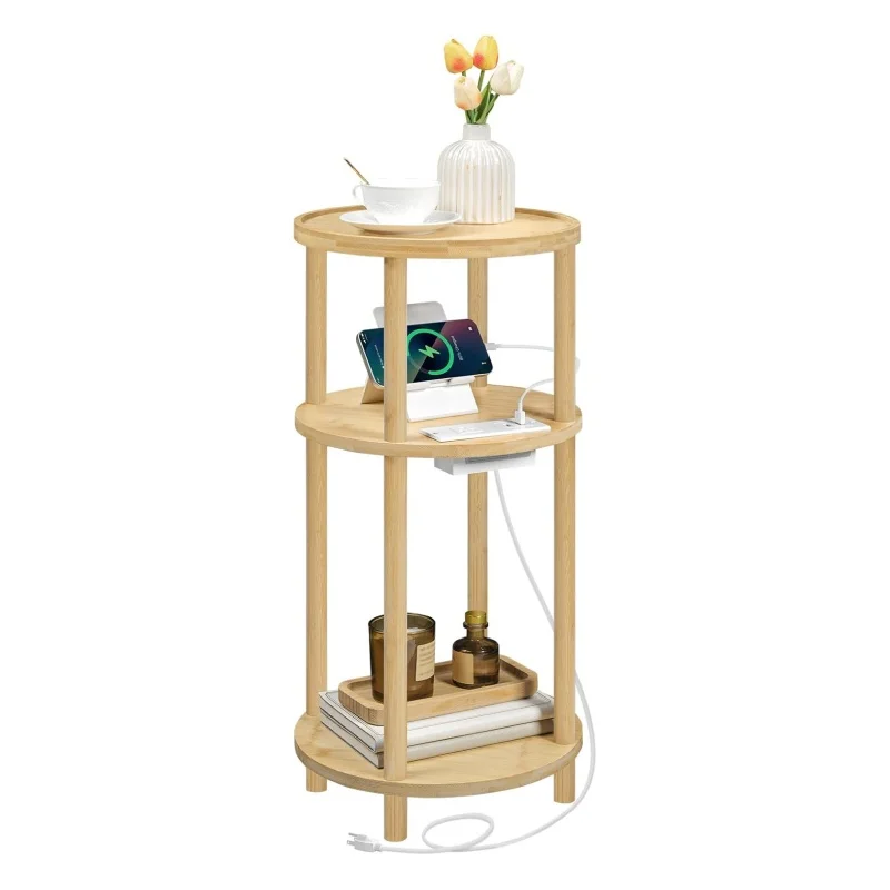 Large capacity small round side table with charging station 3 tier bamboo compact sofa bedside rack nightstand easy assembly
