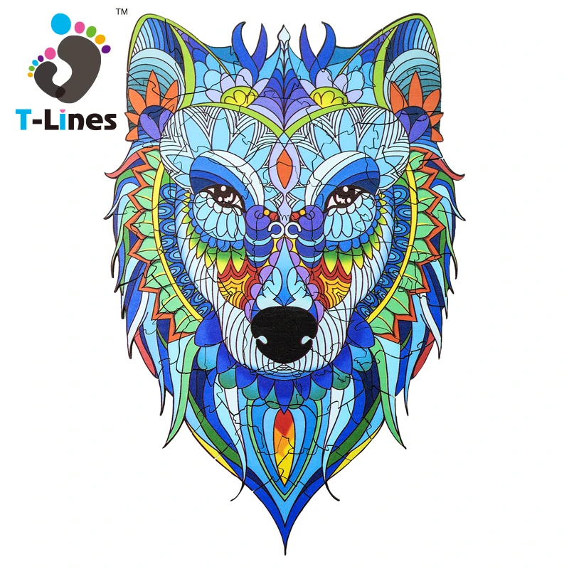 Popular DIY Wooden Craft Puzzle Kids Toy Jigsaw Animal Christmas Gift Wolf Box 52 pieces For Toddlers