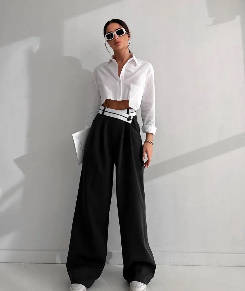 Summer Autumn High Waist Ladies Office Baggy Black Casual Pants Women Wide Leg Trousers Dacron 2 Piece Knitted Sample Available Custom Logo Printed Embroidered