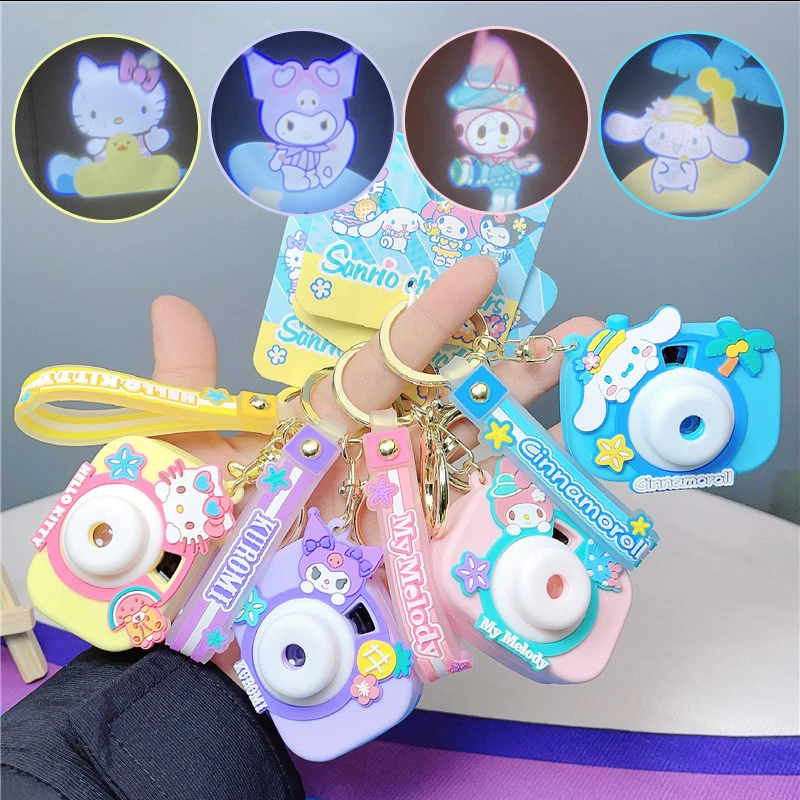 Cartoon Cute 3D Kitty Kuromi Melody Cinnamoroll Toy Projection Camera Key Chain With Wrist Strap Key Ring Bag Pendant Girl Gifts