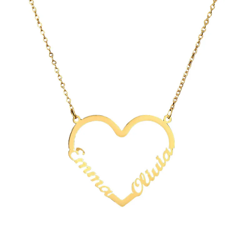 Custom Stainless Steel two name Necklaces with heat  Multiple Nameplate Gold Plated Chain Women Jewelry Necklaces