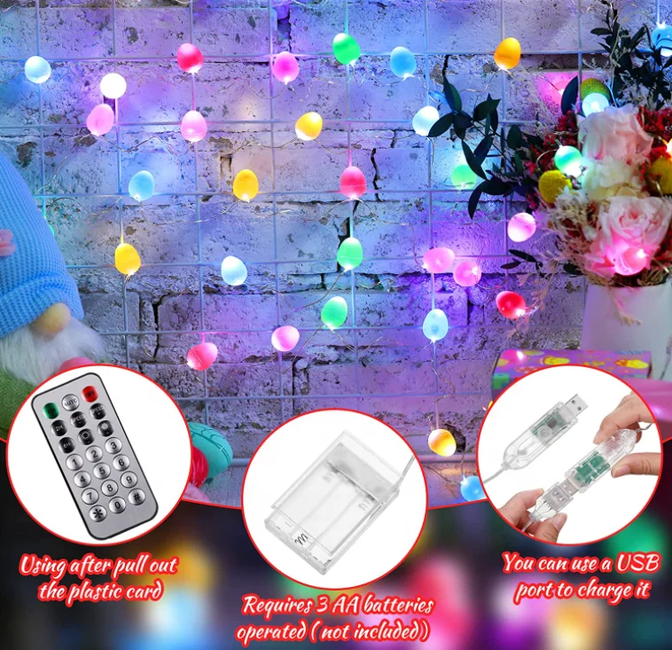 EGG LED Easter String Lights LED Easter Rabbit Bunny Lights with Remote Timer 20 LED Easter Eggs String Lights