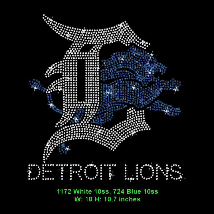 Wholesale Crystal Stickers Motifs Iron on Rhinestone Detroit Lions Heat Transfer