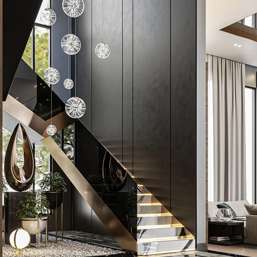 Steel Structure Staircase With Ultra Clear Tempered Glass Railing Stainless Steel Handrail Marble Step Stair