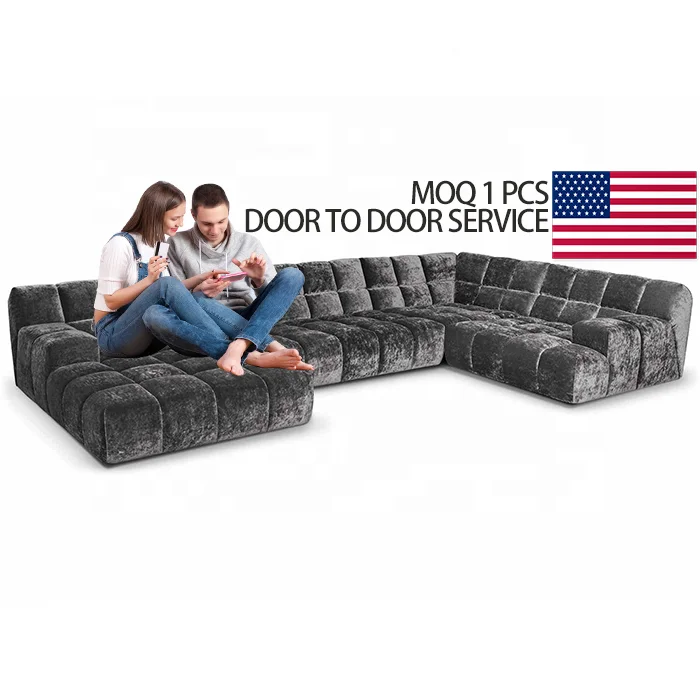 DONSUN New Trends Abrazine Fabric Genuine Leather Cream Style L Shape Sectional Module Living Room Sofa Set