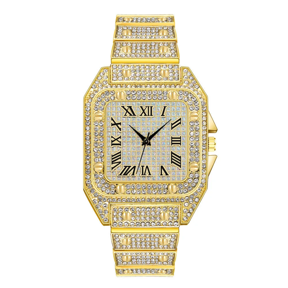 Square Watch Orologio al quarzo quadrato da uomo placcato oro 18K da polso unisex di lusso con e strass