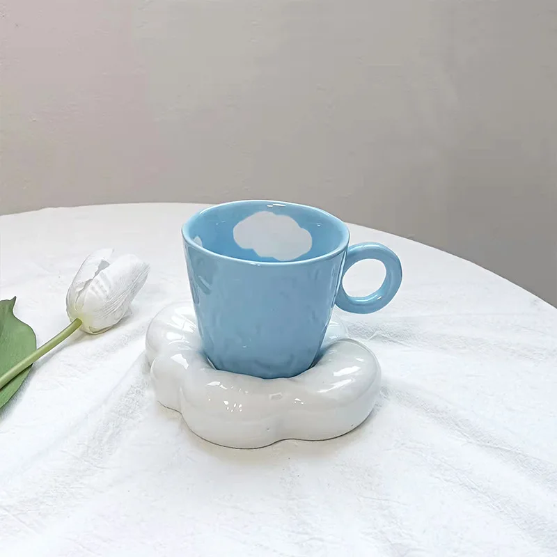 UCHOME Ins Korean ceramic hand-painted cute blue sky clouds pillow mug with saucer