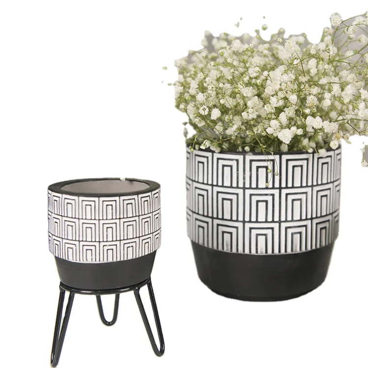 Desktop Round Shaped Cement Decoration Flower Pot Planter Stand Iron Metal