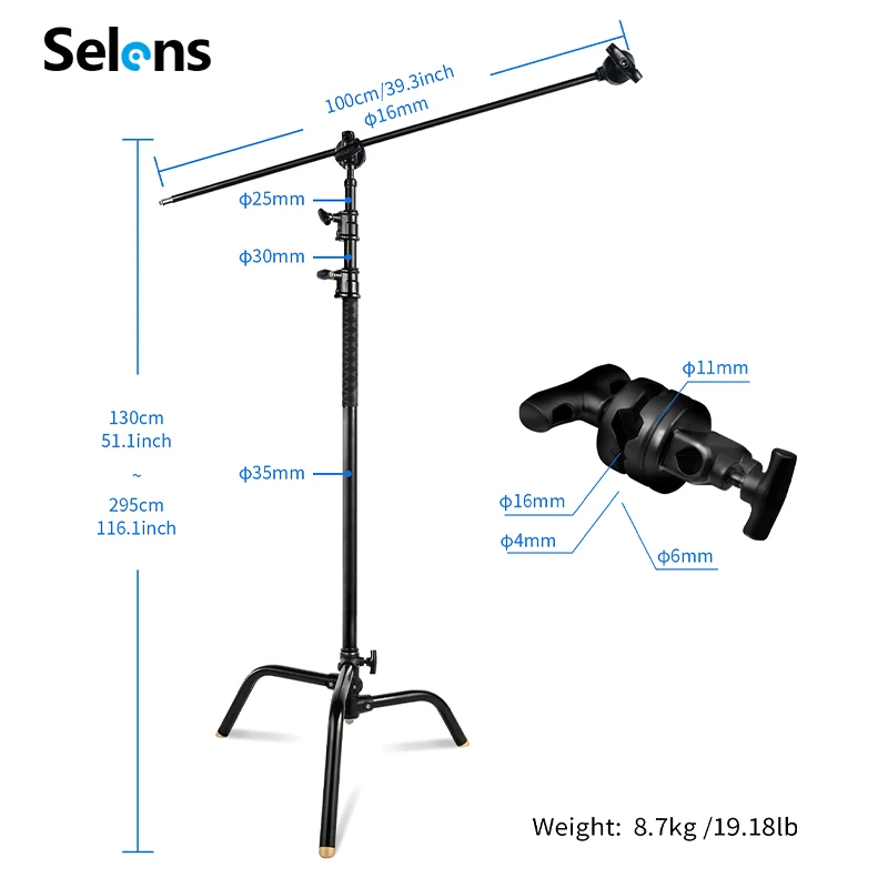 Selens C-type Photography Light Stand Heavy Duty Black For Photo Video Studio Equipment