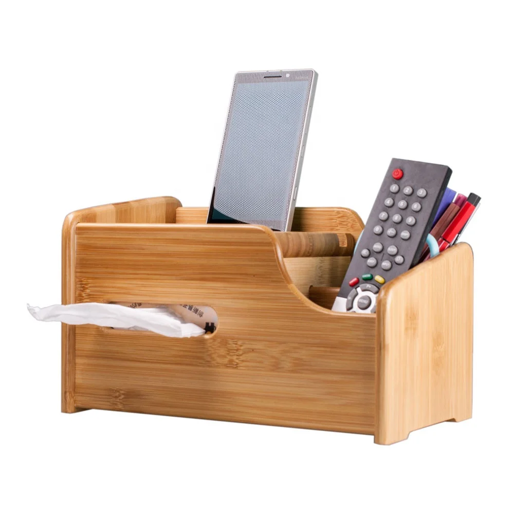 custom made Eco-friendly Office Desktop Stationery Bamboo Wooden Desk Organizer With Tissue Box