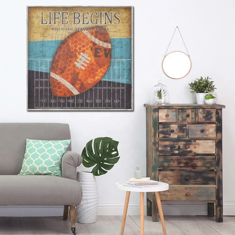 
Football soccer sports print on wooden panel wall art for kid room 