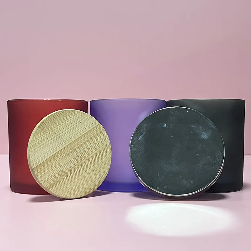 Wholesale Empty Glass Candle Jar with Wooden Lid Colorful Frosted Empty Glass Candle Jar with Bamboo Lid Box