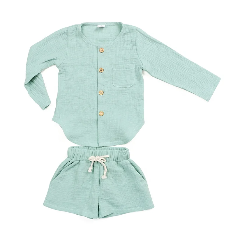Kids clothing baby clothes long sleeves wood buttons top draw string shortie sold mint woven organic cotton muslin baby sets