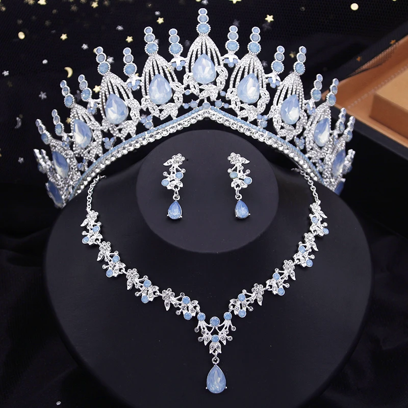 Romantic Blue Crown Wedding Bride Jewelry Sets Opal Necklace Earrings Tiara Sets
