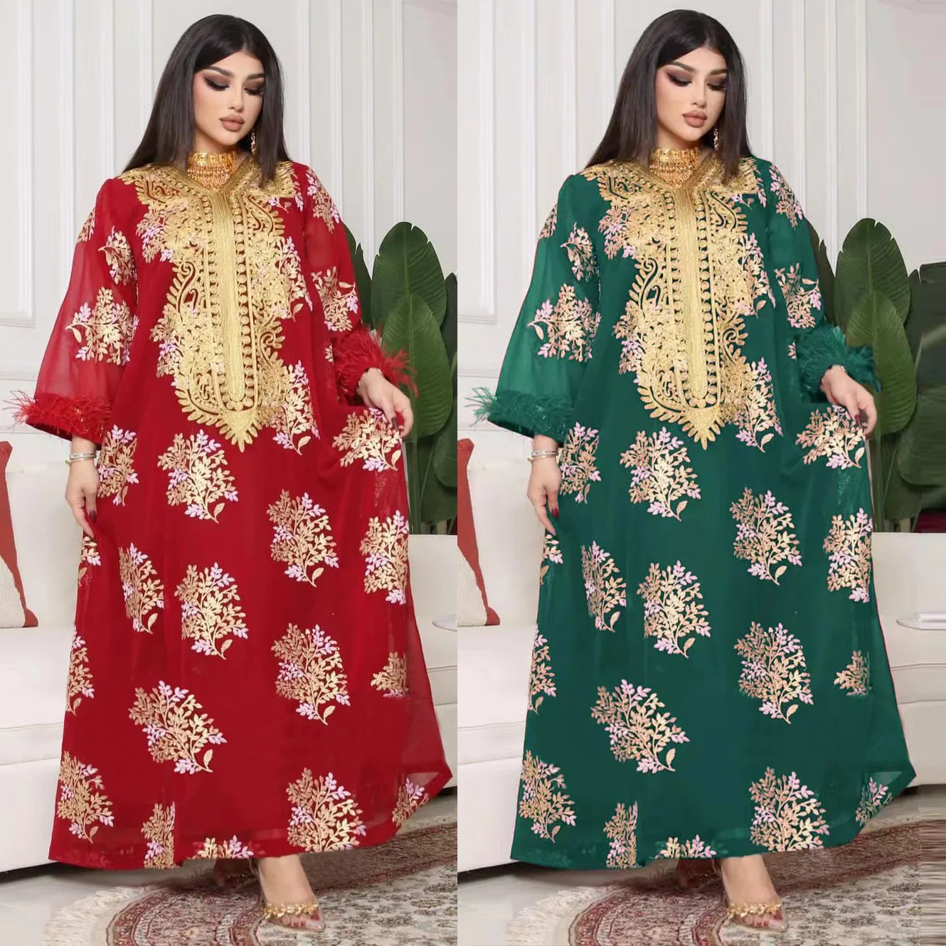 LYZAb214 2022 Muslim Summer New Middle East Dubai Gold Flower Embroidered Ostrich Abaya Lace Big Long Dress