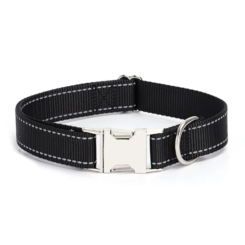 Nylon Reflective Dog Collar Solid Color Engravable Metal Buckle Outdoor Walking Collar Pet Accessories Supplies
