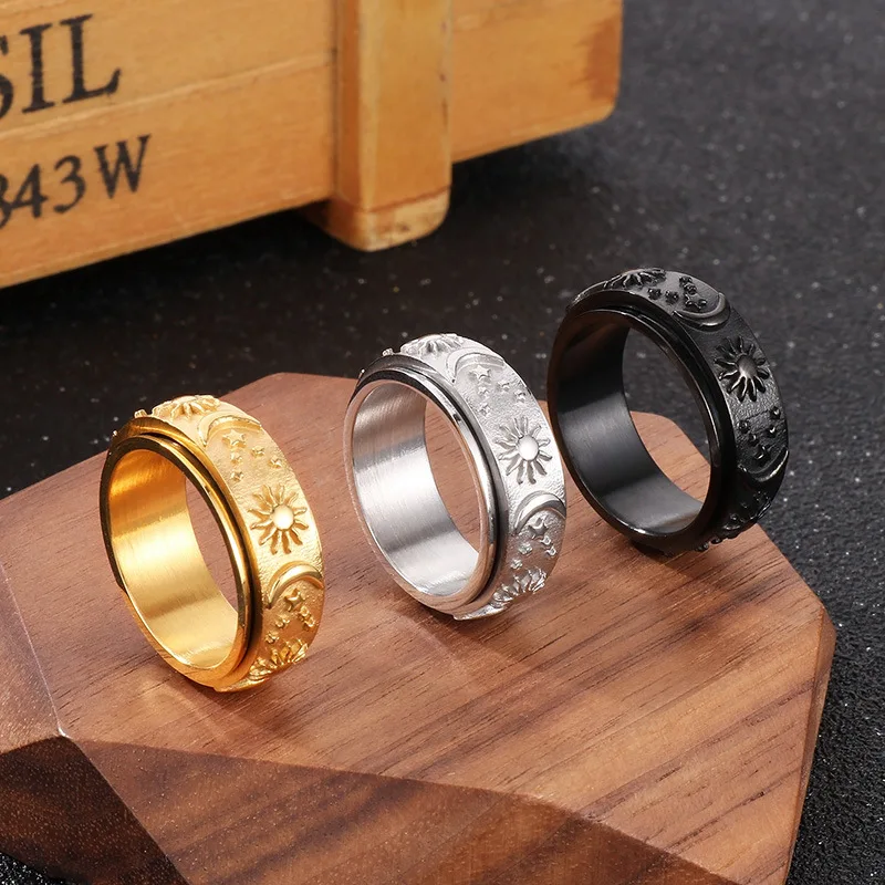 Hot Sale Fashion Men Women Rings Stainless Steel Rotatable Spinning Ring Star Sun Moon Bohemian Rings