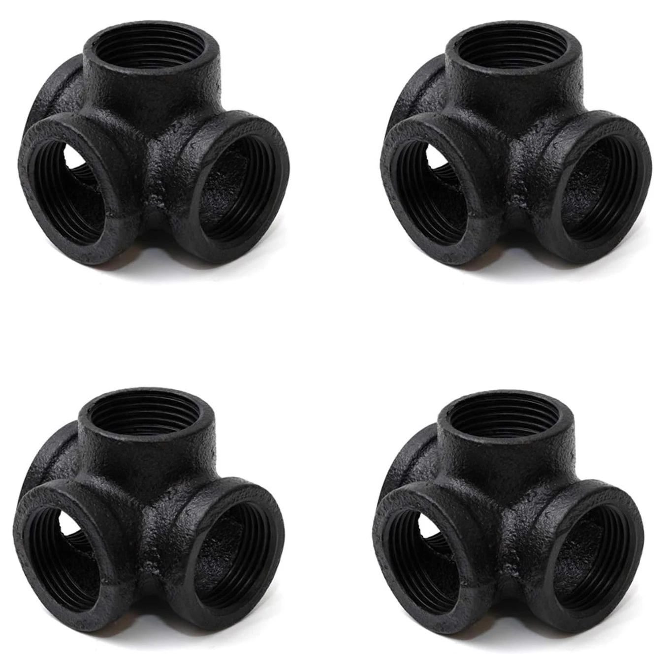 Black 4-Way Side Outlet Tee Home 4-Way Corner Cast Black Malleable Iron Pipe Fitting For Industrial Furniture DIY Decoration