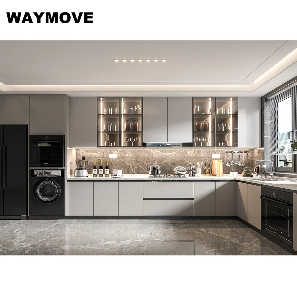 Современные серые кухонные шкафы WAYMOVE готовые к сборке голубя серого с лаковой дверной панелью и петлей включая раковину