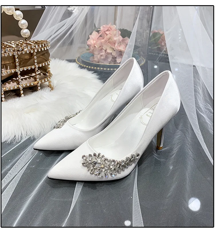 New bride female glass slippers Champagne bridesmaid wedding white heels wedding shoes for bride