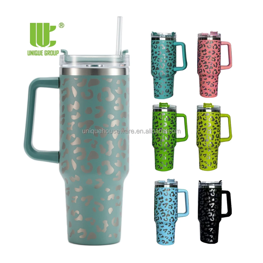 Unique Reusable Stainless Steel Insulated Travel Water Tumbler Ice-flow Coffee Sublimation Leopard 40oz Tumbler with Handle