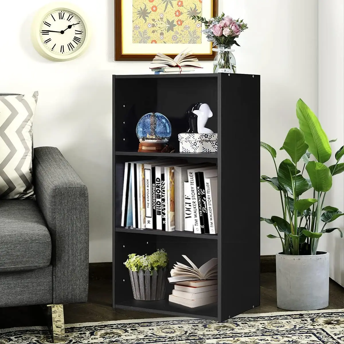 Legend Wholesale Three  Shelf Office Library Bookcase Wooden  Storage Display Rack Solid Wood Black Bookshelf for Bedroom
