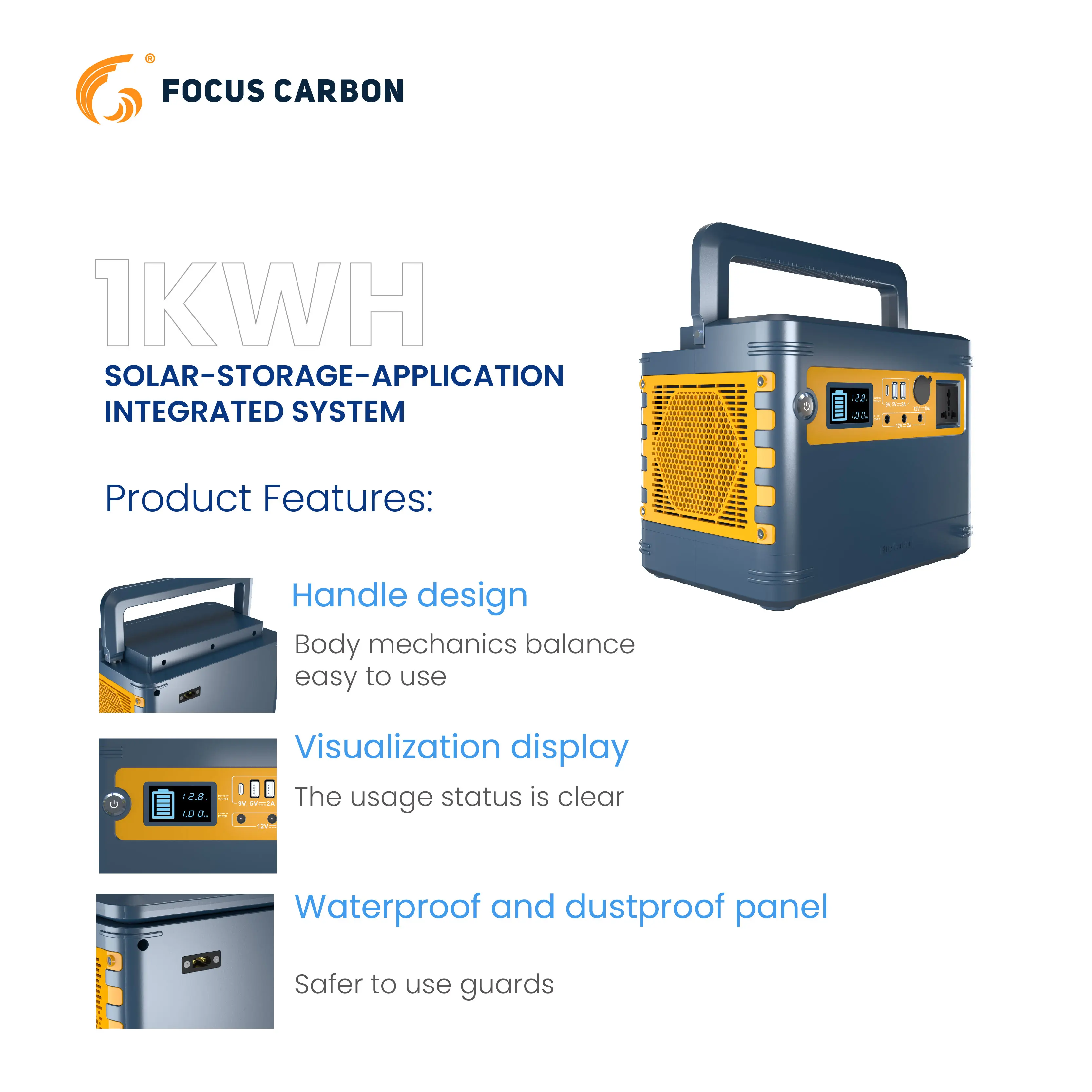 Focus Carbon portable  12V 80Ah  1kwh LiFePO4 battery power bank with 220V 1.1KW Inverter