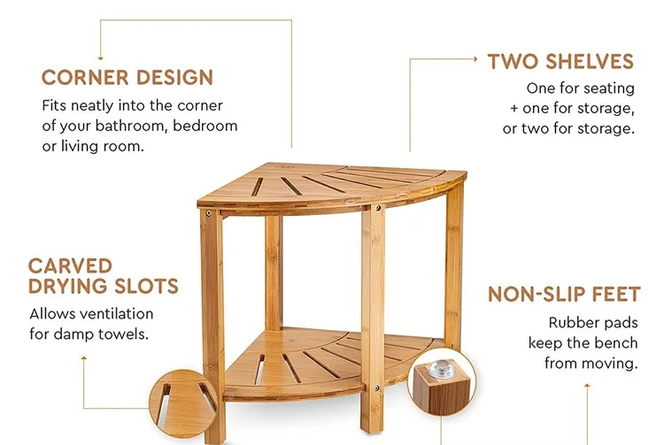 Bathroom Bamboo Corner Bath Bench Shaving Stool Non-Slip Multi-Purpose Wood 2-Tier Shower Chair Seat With Organizer Shelf