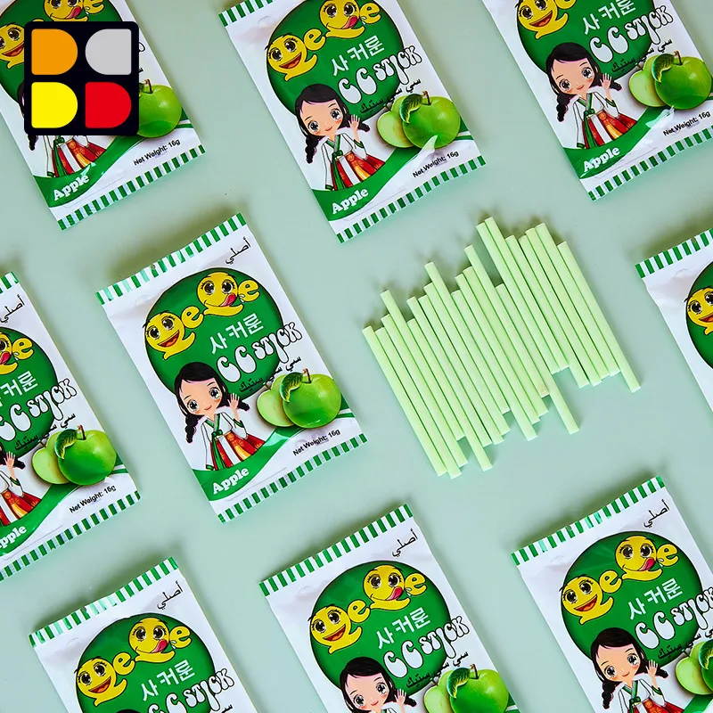 China Manufacturer Hot Sale Mix Fruit Sour Ice Cream CC Powder Candy Apple Sweet Sugar Stick Candy with Straw