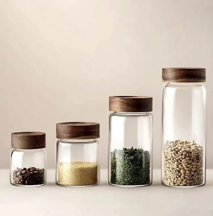 acacia canister empty food storage glass jars borosilicate jar cork lid kitchen bottle set