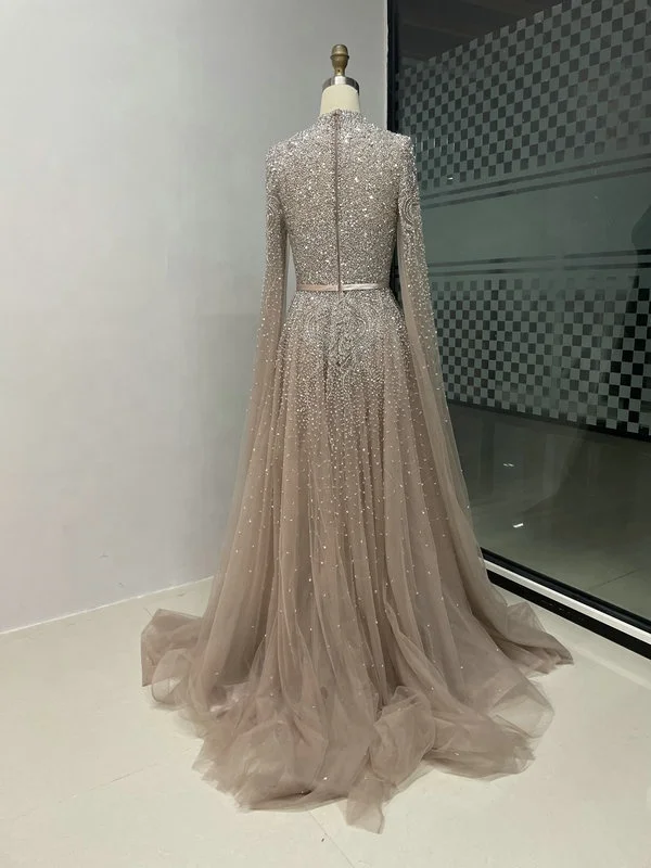 Elegant High Neck Cape Sleeves Middle East Muslim Muslimah Arabic Mother Of The Bride Dress For Wedding Party Prom Dresses 2024