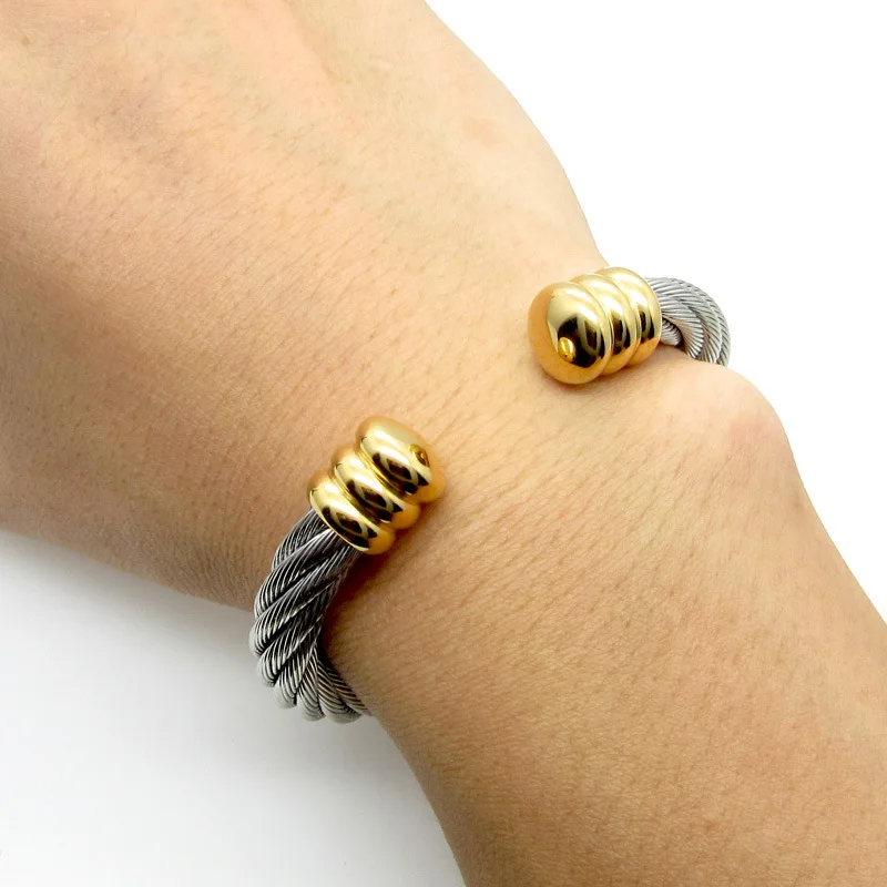 Fashion Retro Europe and America Popular Stainless Steel Wire Rope Twisted Bangle Bracelet 316L Adjustable Cable Wire Bangle