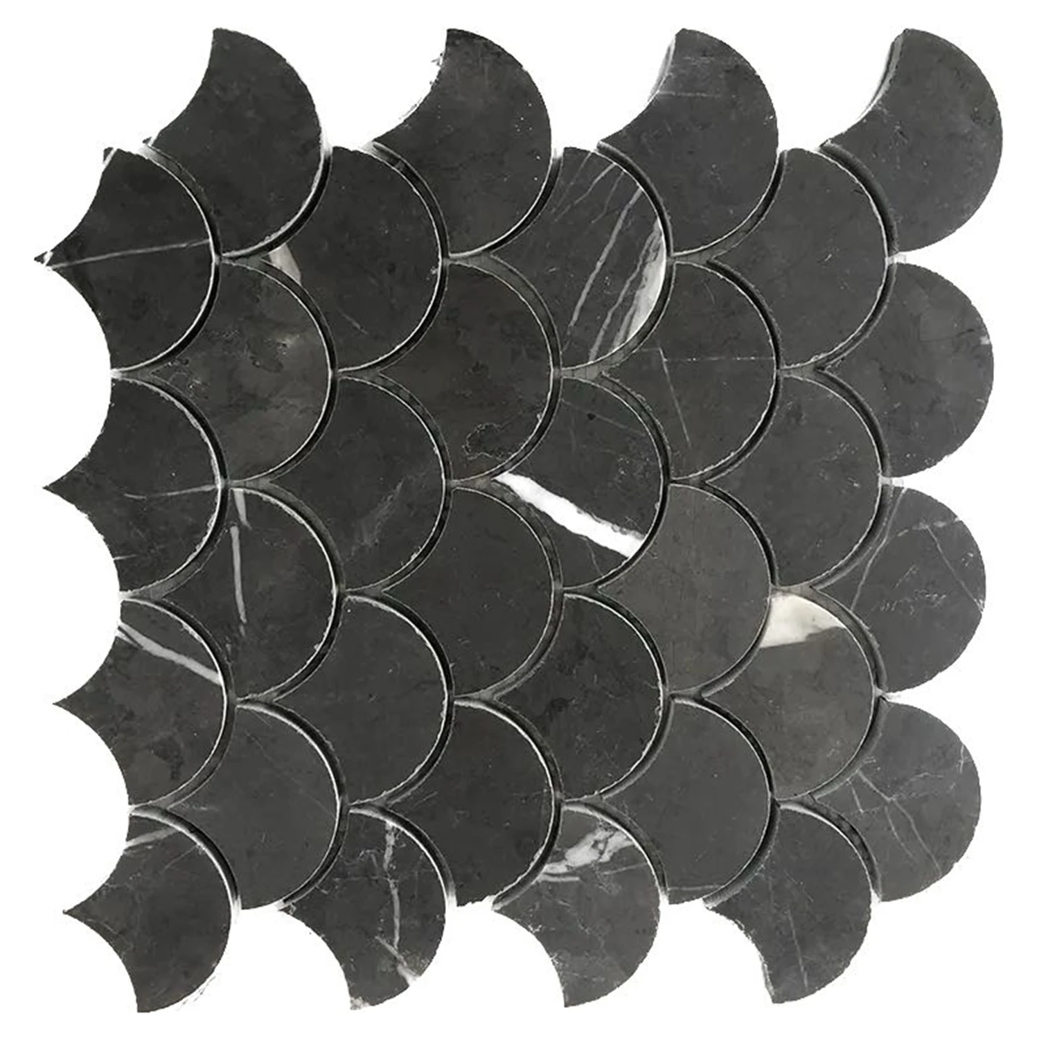 Black Nero Marquina Polished Kitchen Backsplash Fan Shape Marble Mosaic Tiles for Shower Wall Waterjet Pattern