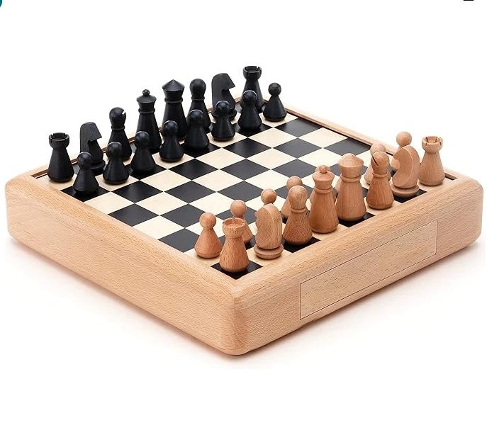 11-Inch Beech Wooden Chess Set with Storage Drawer Deluxe Modern Figurines Decorative Beech Box Gift Idea Board Games Home Decor