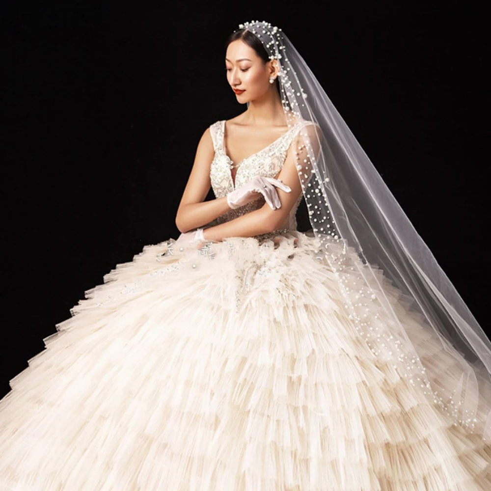 YouLaPan V66 Hot Sale Wedding Veils One Layer Handmade Pearl Veil Wedding Pearl Ivory Color Long Wedding Veil