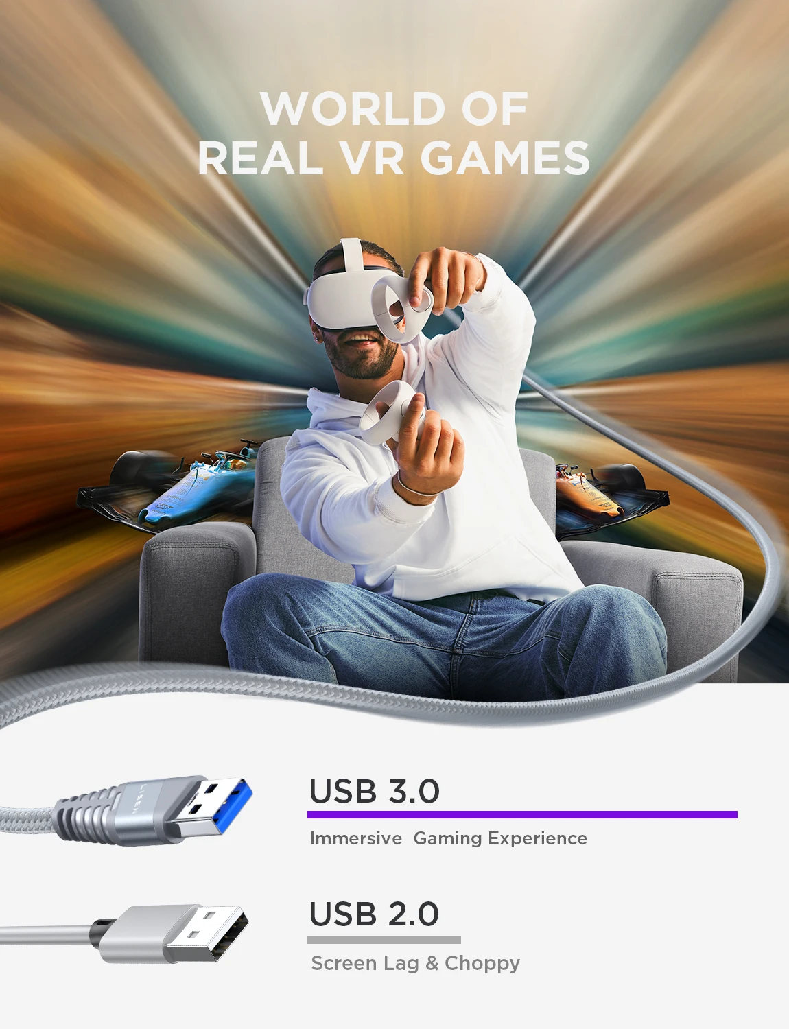 Fast Charging USB 3.0 to USB C Cable for Meta VR Headset and Gaming PC 3 IN 1 Stable Connection Soft Nylon Braided 16ft Cable