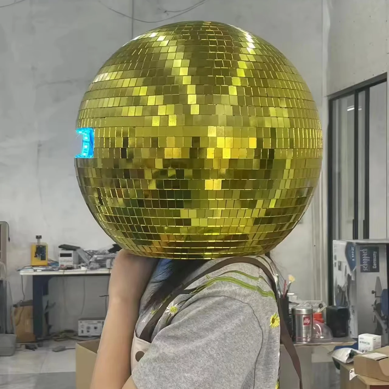 2024 hot selling!  Custom Shiny Acrylic Glass  golden  Mirror Disco Ball Helmet For DJ Club party