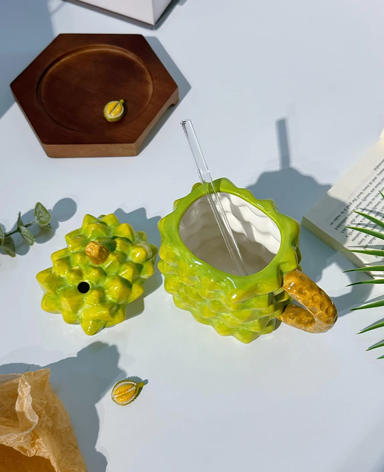 Unique 3D Fruit Durian Mug Cute Ceramic Strawberry Orange Mug Cups Coffee Milk Large Capacity Mug for Gift